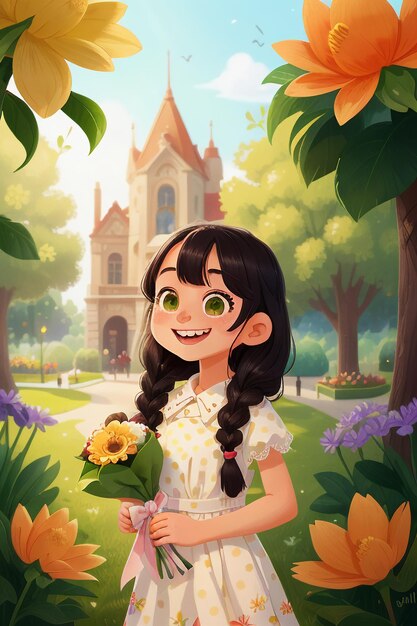 Photo cartoon girl holding flowers anime style beautiful smile wallpaper background illustration