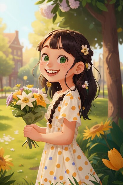 Cartoon girl holding flowers anime style beautiful smile wallpaper background illustration