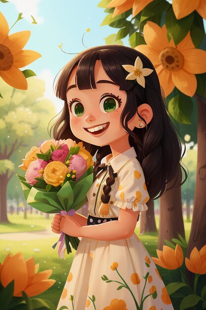 꽃을 들고 만화 소녀 애니메이션 스타일 아름다운 미소 바탕 화면 배경 일러스트 레이션