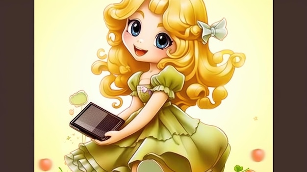 A cartoon of a girl holding a tablet