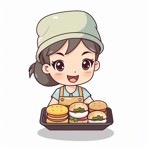 cartoon girl holding a tray of hamburgers and a sandwich generative ai