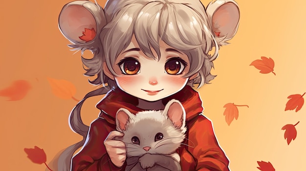 a cartoon girl holding a white mouse