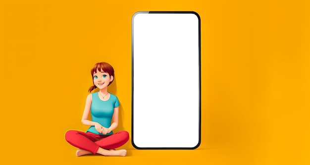 Cartoon girl and huge phone mockup cartoon young redhead woman and big huge blank screen mobile cell phone smartphone with workspace mockup area isolated on plain orange background