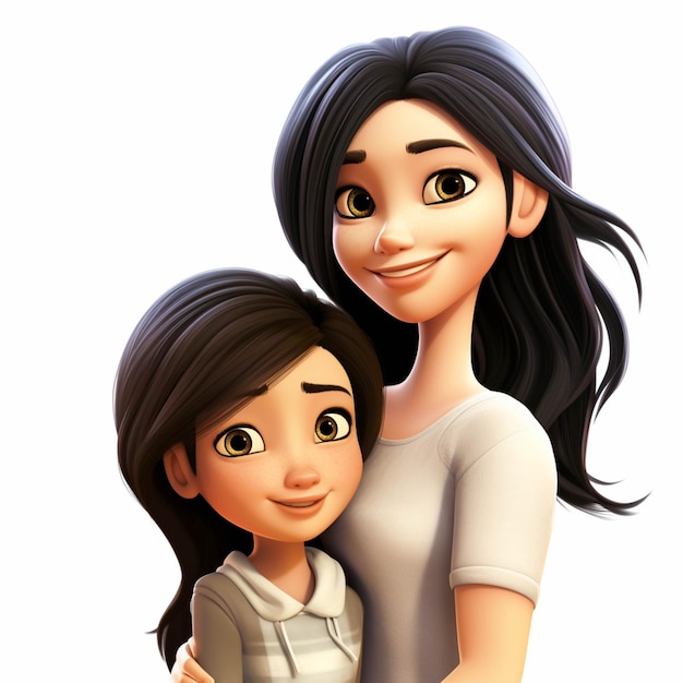 Cartoon girl hugging her mother with both arms around her generative ai