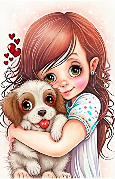 Cartoon girl hugging a puppy with hearts around her neck generative ai
