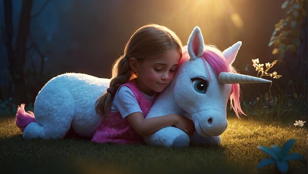 a cartoon girl hugging a stuffed unicorn