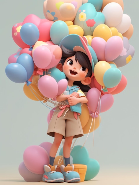 A cartoon girl is hanging on a bunch of balloons.