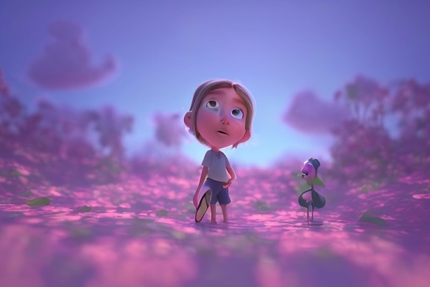 A cartoon girl is standing in a field of flowers and a blue sky