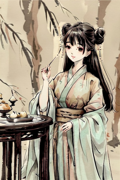 A cartoon of a girl in a kimono