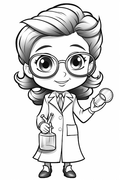 a cartoon girl in a lab coat holding a pill and a bottle generative ai