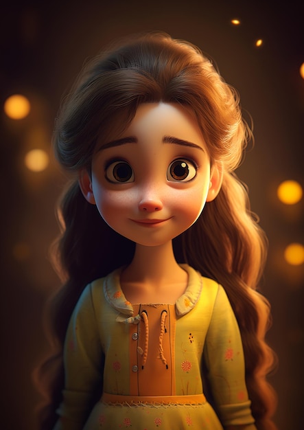 cartoon girl long hair big eyes wearing yellow dress princess frozen hollow cheeks fireflies air