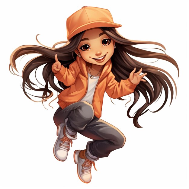 Photo cartoon girl in orange jacket and hat jumping with long hair generative ai