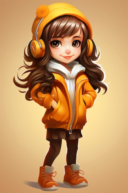 a cartoon girl in an orange jacket and headphones