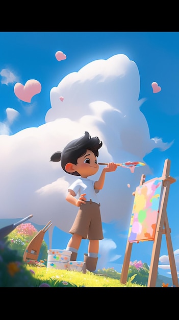 Cartoon girl painting on easel with easel and clouds in the background generative ai