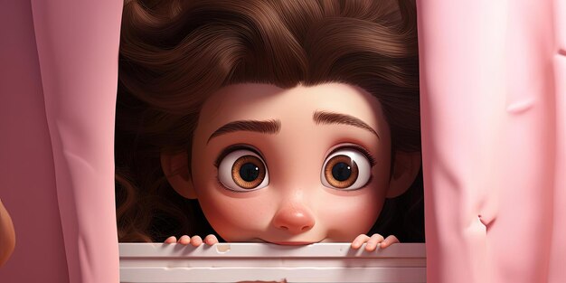 Photo cartoon girl peeking out of an opening in the style of playful illustrations