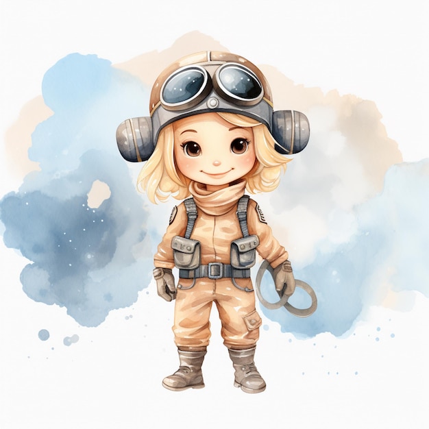 девушка из мультфильма в пилотском костюме и защитных очках с ножницами