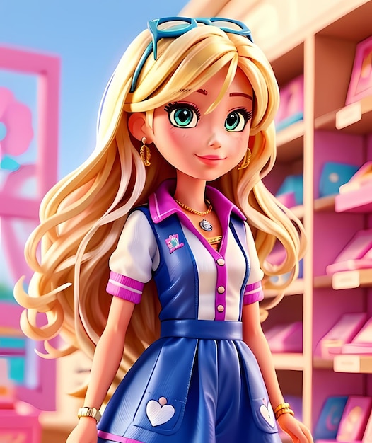 Cartoon girl in pink and blue outfit with toy shelves background