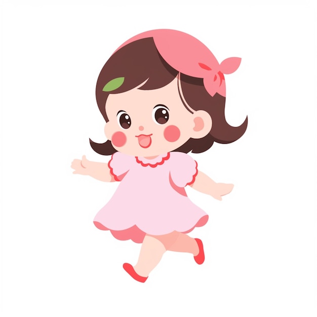 cartoon girl in pink dress running with pink bow on head generative ai