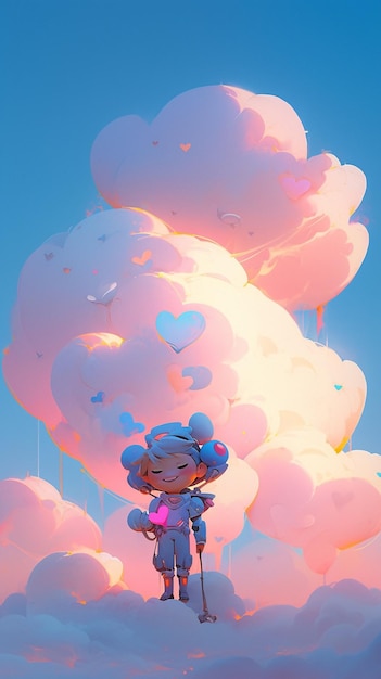 Cartoon girl in a pink dress standing on a cloud covered hill generative ai