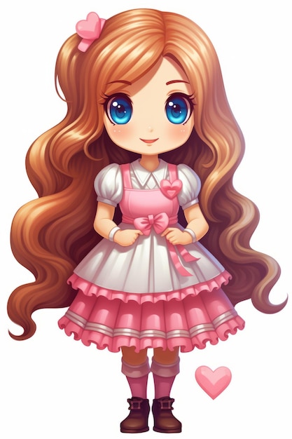 a cartoon girl in a pink dress with blue eyes