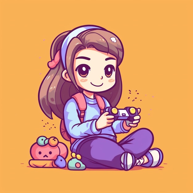 Photo cartoon girl playing video game with toy and pumpkin generative ai