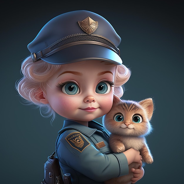cartoon girl in police uniform holding a kitten in her arms generative ai