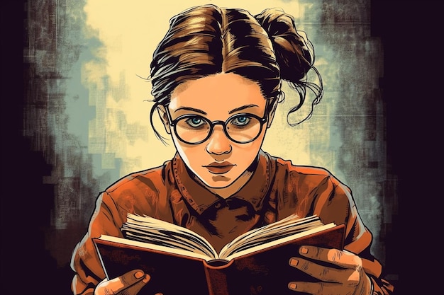 Foto un cartone animato di una ragazza che legge un libro