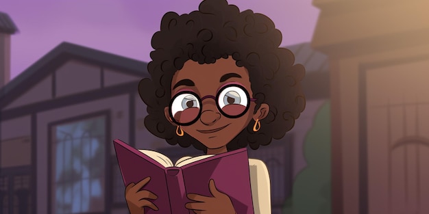 A cartoon of a girl reading a book