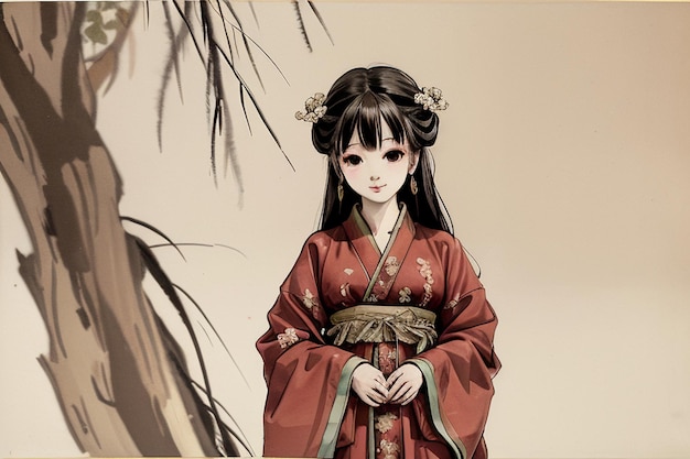 A cartoon of a girl in a red kimono