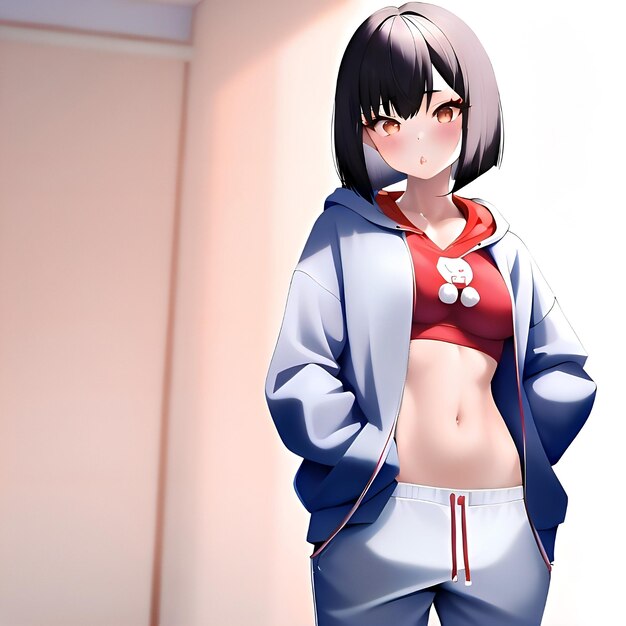 A cartoon of a girl in a red and white hoodie