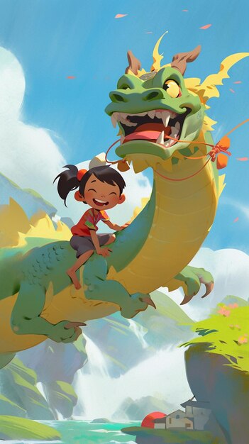 Photo cartoon girl riding a dragon with a man on it generative ai