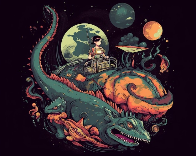 A cartoon of a girl riding a dragon with a moon in the background.