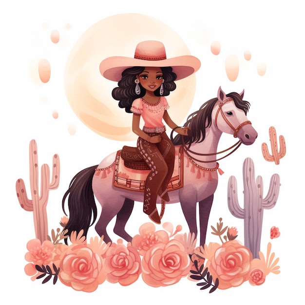 Photo cartoon girl riding a horse in a desert with roses and cactus generative ai