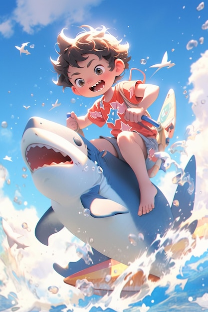 Cartoon girl riding a shark in the ocean with a surfboard generative ai