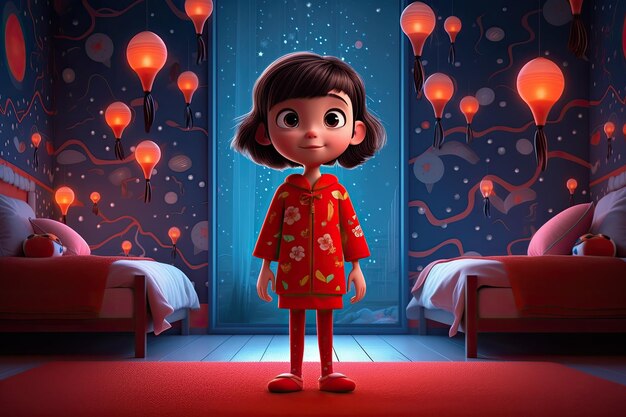 A cartoon of a girl in a room with two beds and lanterns