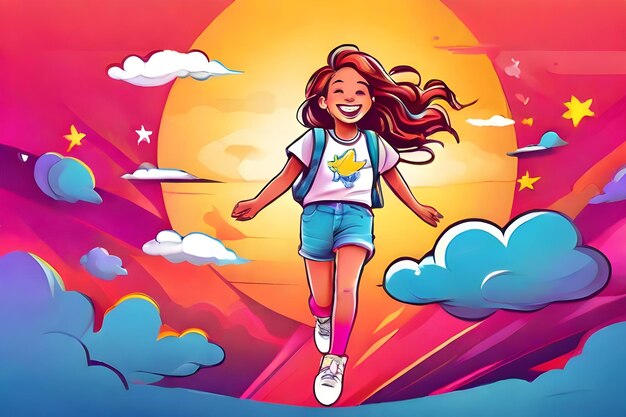 Photo a cartoon of a girl running in the clouds with a star on her shirt