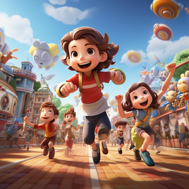 a cartoon of a girl running with her friends.