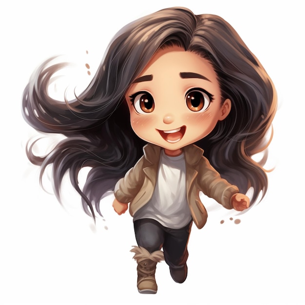 cartoon girl running with long hair and brown jacket generative ai