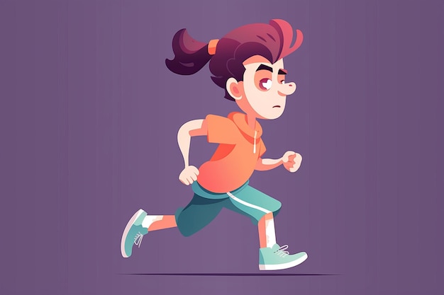 A cartoon of a girl running with a purple background.