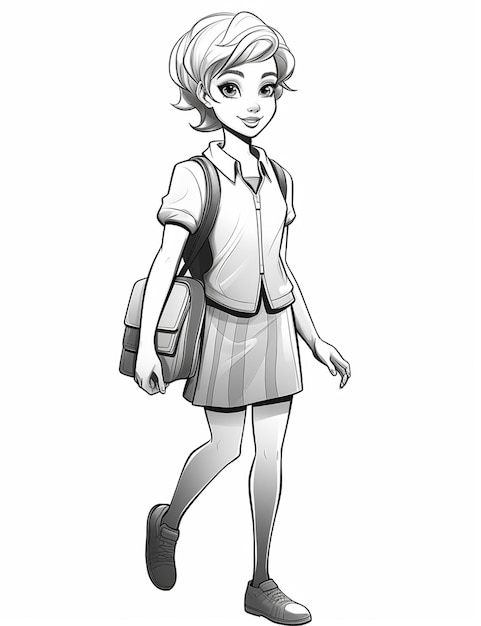Foto ragazza dei cartoni animati in uniforme scolastica che cammina con uno zaino generativo ai