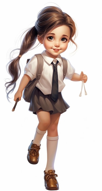 Cartoon girl in school uniform with a cane and a backpack generative ai