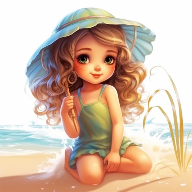 Cartoon girl sitting on the beach with a hat and umbrella generative ai