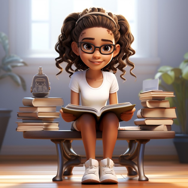 cartoon girl sitting on a bench reading a book with a stack of books generative ai