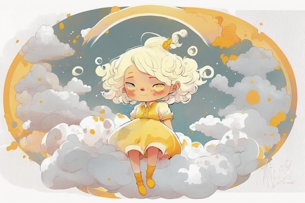 A cartoon of a girl sitting on a cloud with the moon in the background.