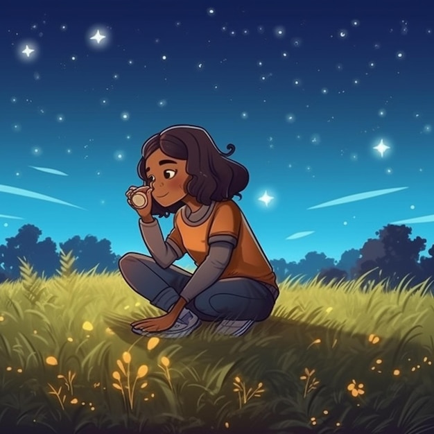 A cartoon of a girl sitting in a field with a star in the sky.