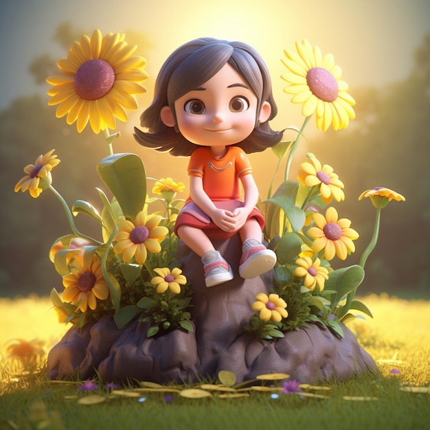 Фото Девушка из мультфильма сидит на скале с цветами на заднем плане.