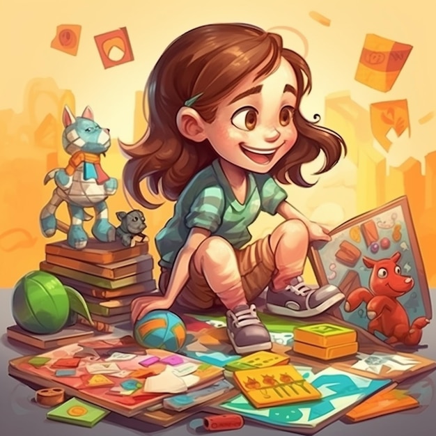 A cartoon girl sitting on a pile of books with toys generative ai