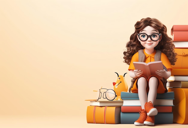 Photo a cartoon of a girl sitting on a pile of books