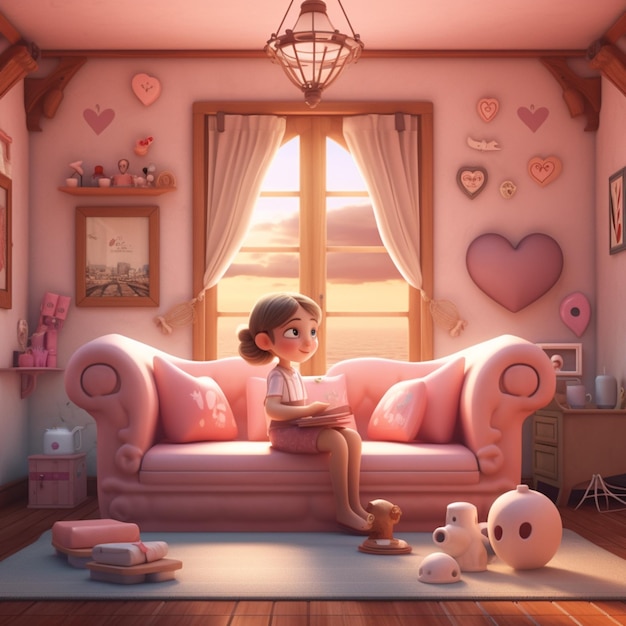 핑크색 방에서 분홍색 소파에 앉아 있는 만화 소녀