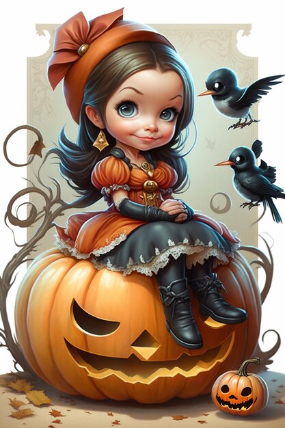 Cartoon girl sitting on a pumpkin with a bird on top generative ai